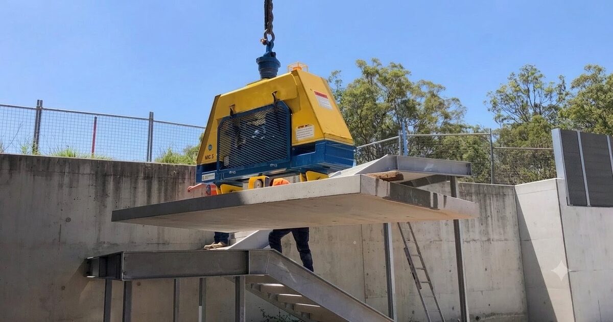 Palonnier à ventouses levant une dalle béton sur chantier — MTLOC
